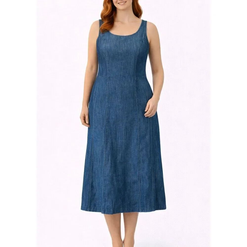 Talbots 100% linen denim look seamed fitted tank dress 8